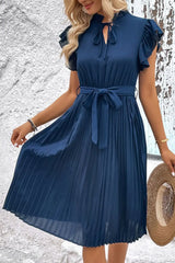 Tie Neck Belted Pleated Dress - Trendsi - Flyclothing LLC