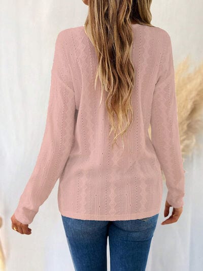 Eyelet V-Neck Dropped Shoulder T-Shirt - Trendsi