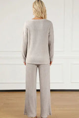 Ribbed V-Neck Top and Pants Lounge Set - Trendsi - Flyclothing LLC