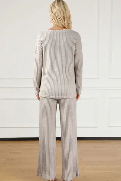 Ribbed V-Neck Top and Pants Lounge Set - Trendsi - Flyclothing LLC