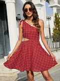 Grid One-Shoulder Tied Cutout Dress - Trendsi - Flyclothing LLC