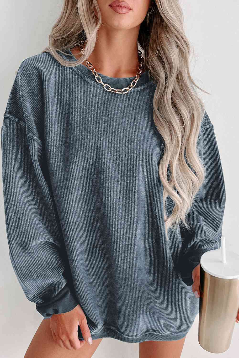 Round Neck Dropped Shoulder Sweatshirt - Trendsi - Flyclothing LLC