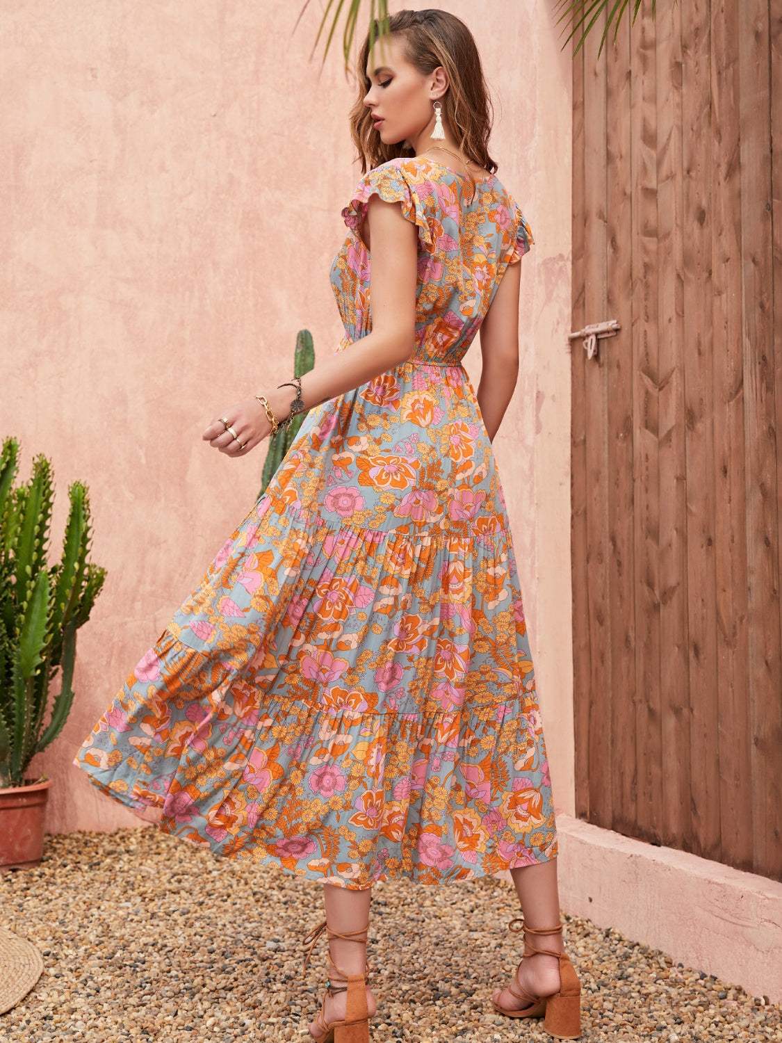 Ruffled Printed V-Neck Cap Sleeve Tiered Dress - Trendsi - Flyclothing LLC