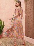 Ruffled Printed V-Neck Cap Sleeve Tiered Dress - Trendsi - Flyclothing LLC