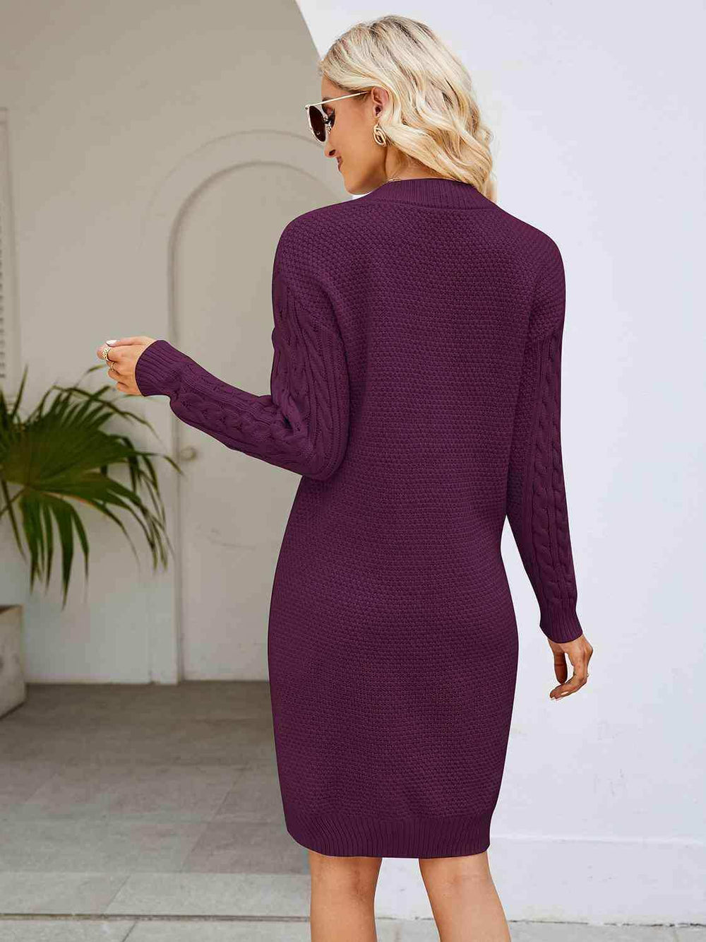 Cable-Knit V-Neck Mini Sweater Dress - Trendsi - Flyclothing LLC
