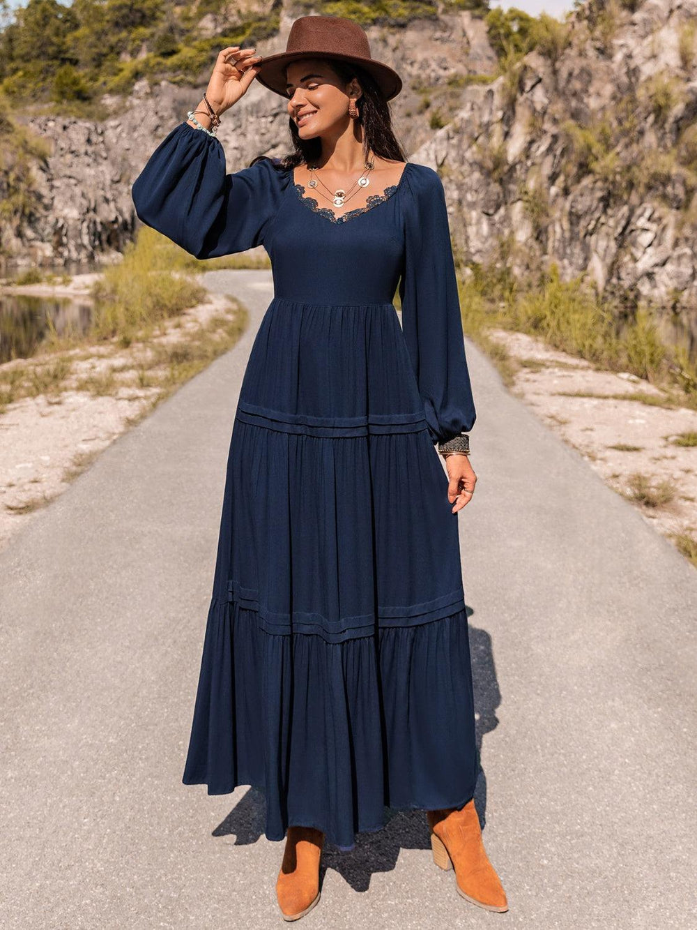 Long Sleeve Lace Trim Maxi Dress - Trendsi