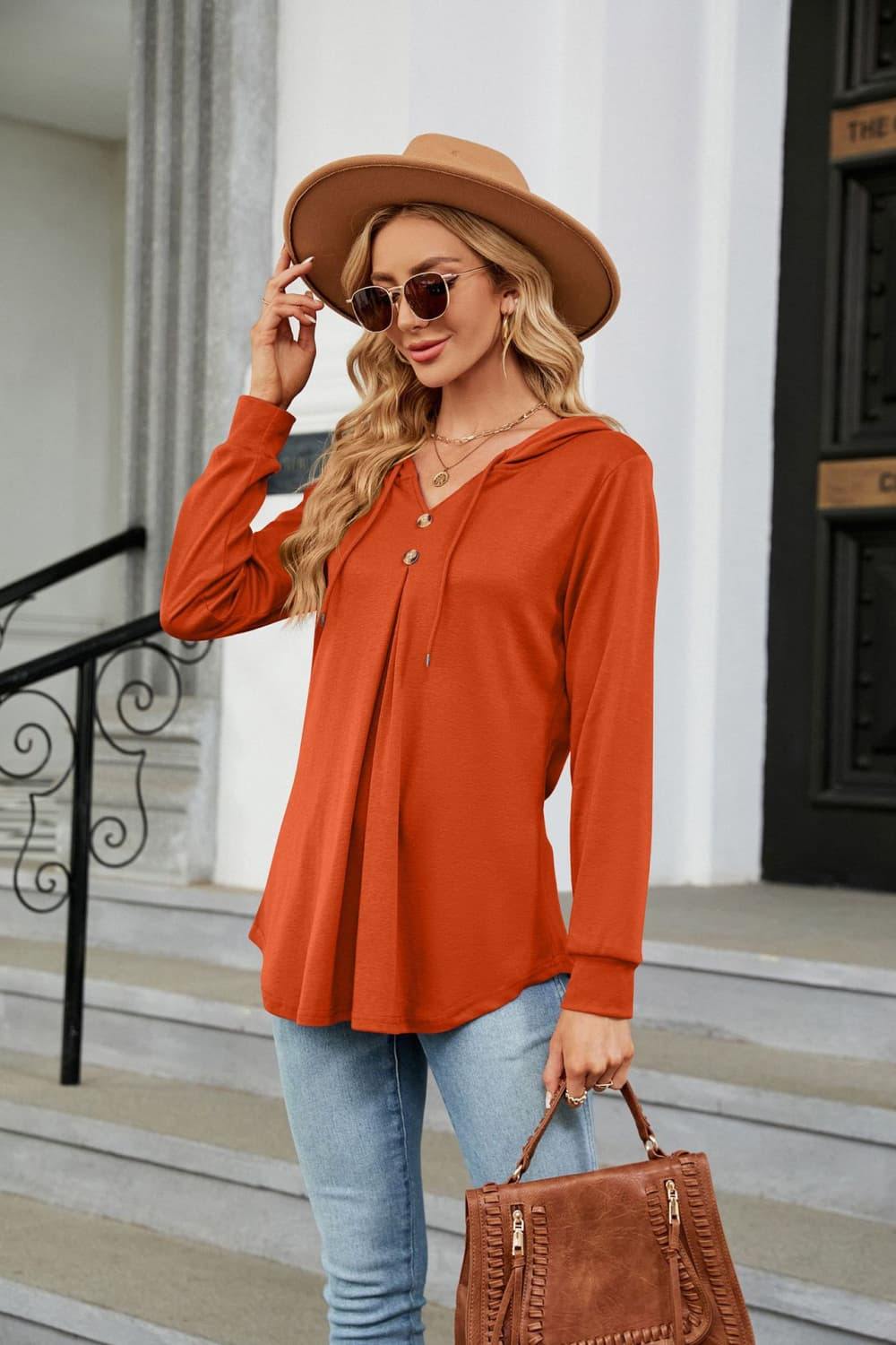 Long Sleeve Hooded Blouse - Trendsi