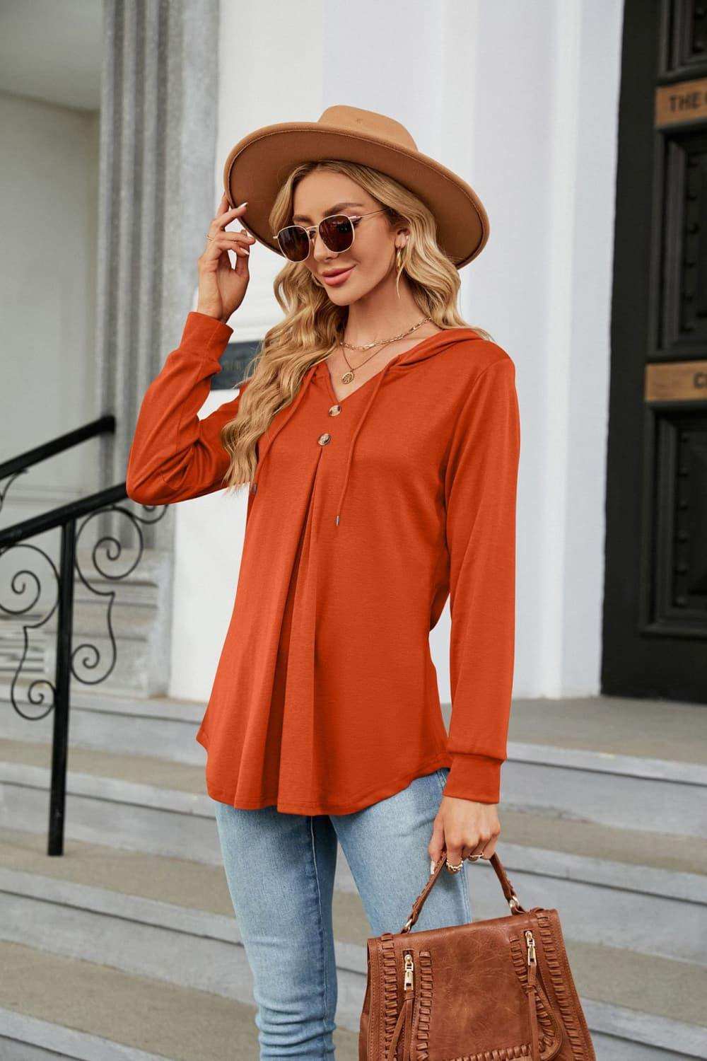 Long Sleeve Hooded Blouse - Trendsi - Flyclothing LLC