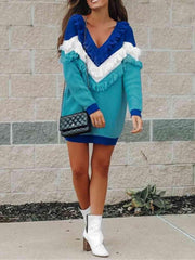 Color Block Fringed V-Neck Sweater - Trendsi