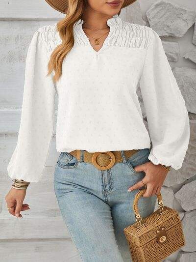 Ruched Swiss Dot Notched Balloon Sleeve T-Shirt - Trendsi - Flyclothing LLC