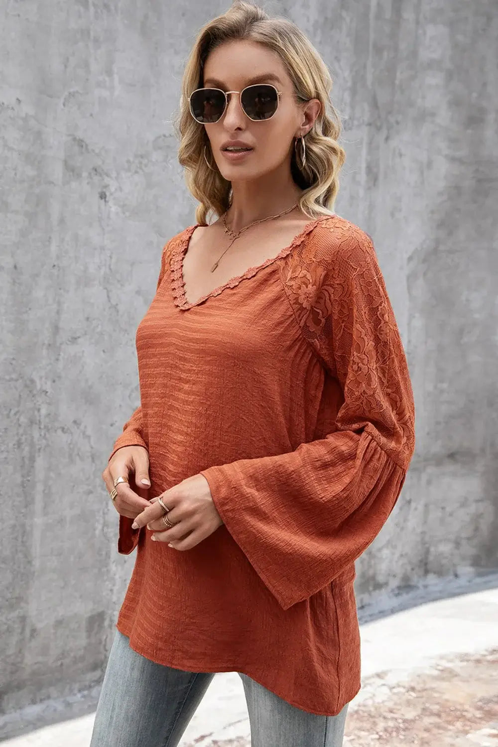 V-Neck Spliced Lace Flare Sleeve Top - Trendsi - Flyclothing LLC
