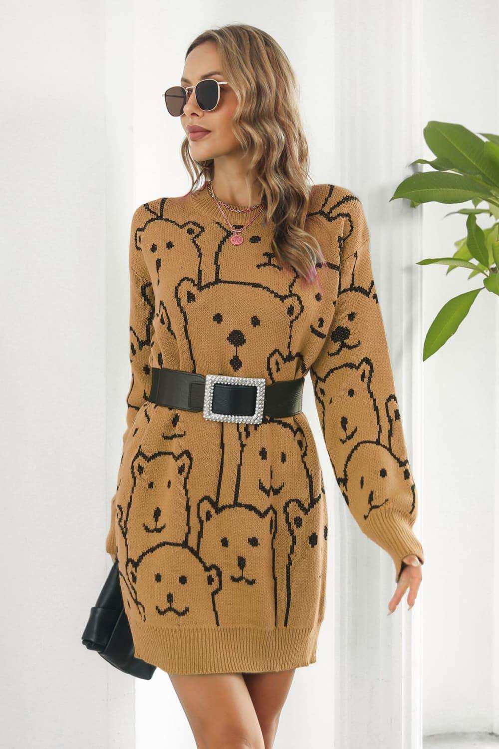Bear Pattern Round Neck Sweater Dress - Trendsi - Flyclothing LLC