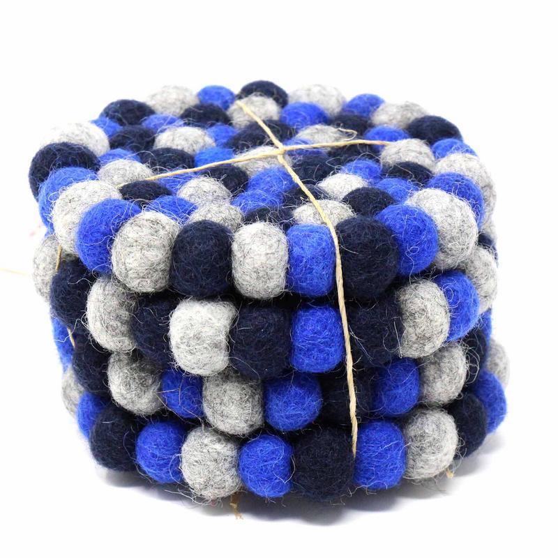 Hand Crafted Felt Ball Coasters from Nepal: 4-pack, Chakra Dark Blues - Global Groove (T) - Global Groove