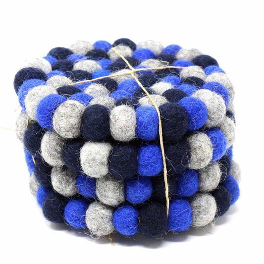 Hand Crafted Felt Ball Coasters from Nepal: 4-pack, Chakra Dark Blues - Global Groove (T) - Global Groove