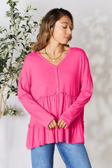Double Take Half Button Long Sleeve Ruffle Hem Blouse - Trendsi - Flyclothing LLC