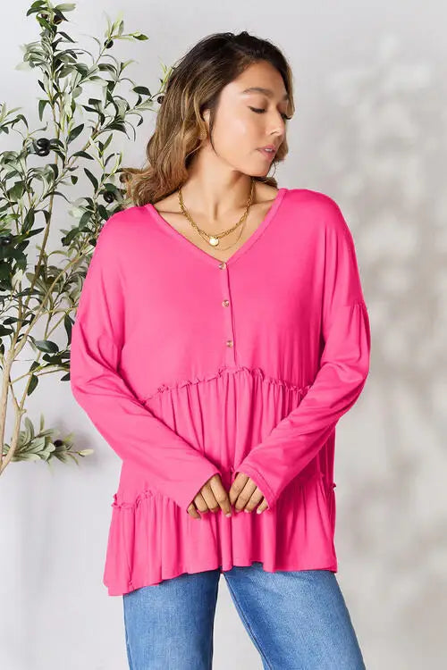 Double Take Half Button Long Sleeve Ruffle Hem Blouse - Trendsi - Flyclothing LLC