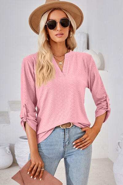 Notched Roll-Tab Sleeve T-Shirt - Trendsi - Flyclothing LLC