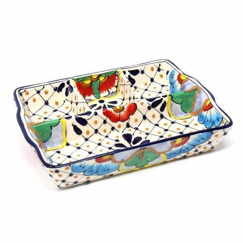 Handmade Pottery 9" Divided Platter, Dots & Flowers - Encantada - Encantada