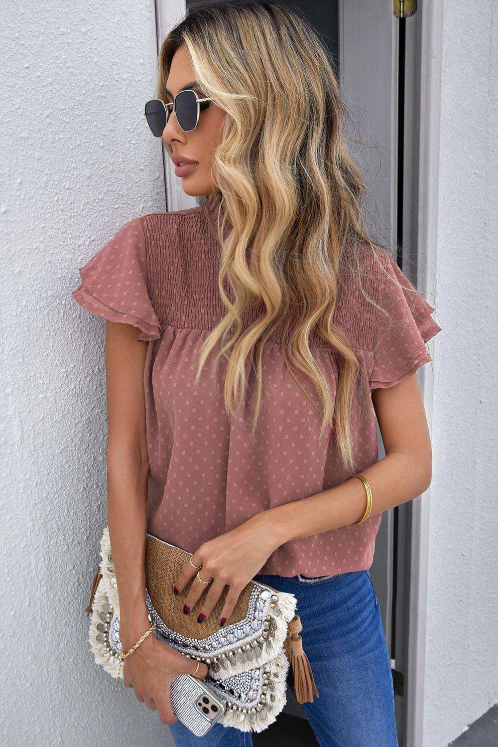 Polka Dot Smocked Flutter Sleeve Blouse - Trendsi - Flyclothing LLC