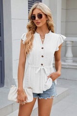Eyelet Notched Cap Sleeve Blouse - Trendsi - Flyclothing LLC