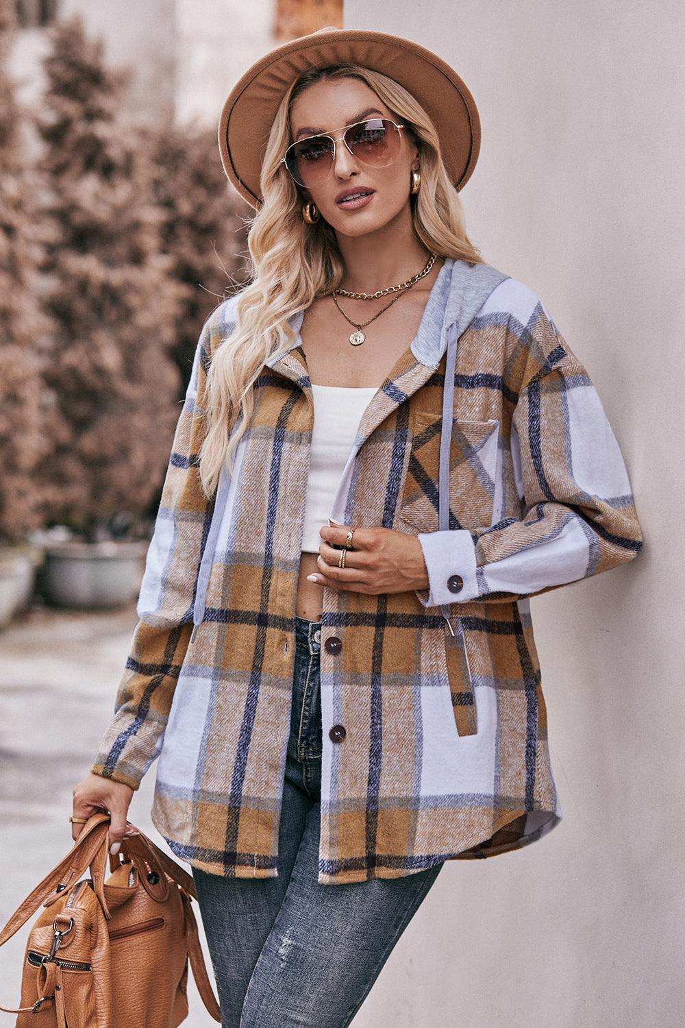 Plaid Dropped Shoulder Hooded Jacket - Trendsi - Flyclothing LLC