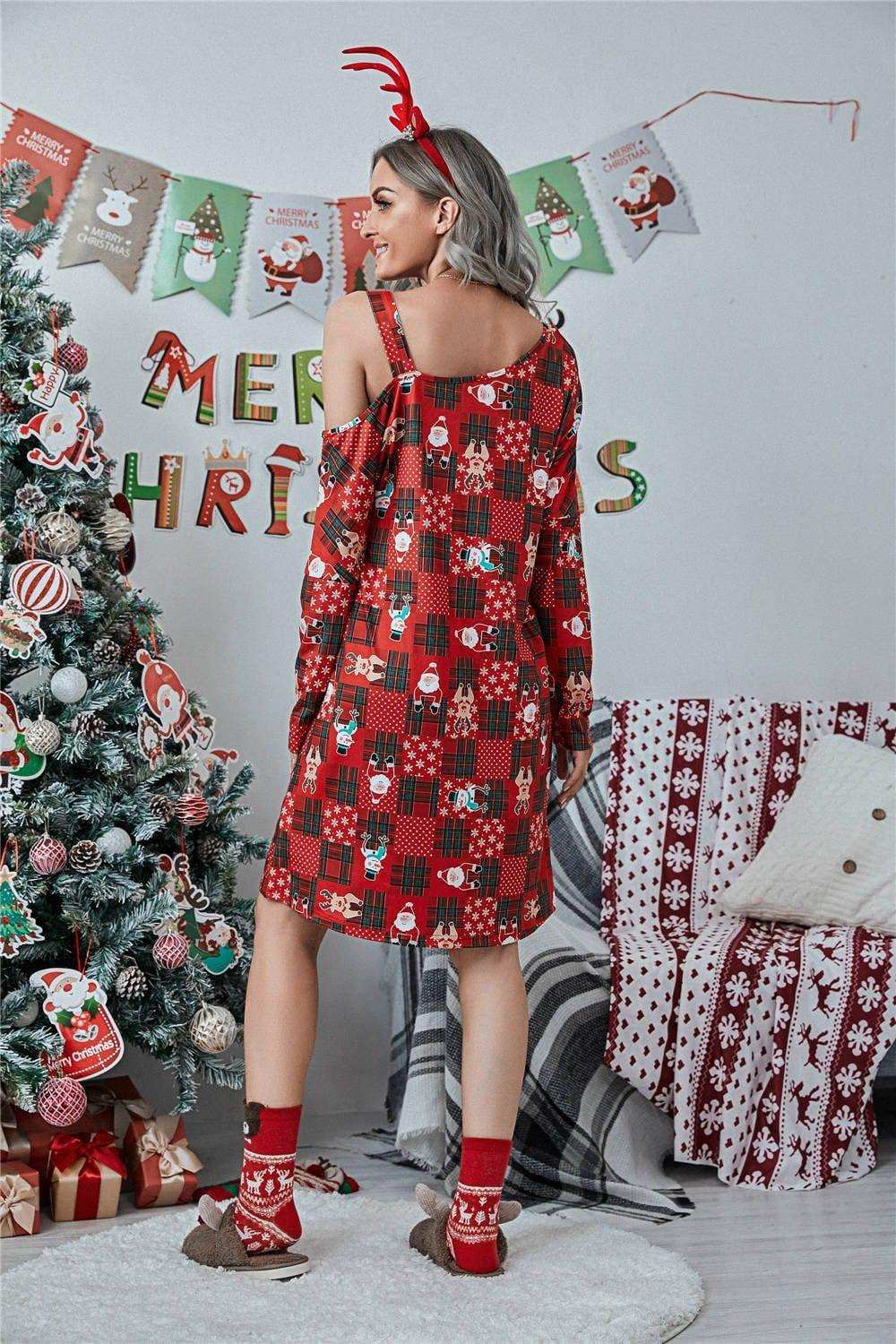 Christmas Asymmetrical Neck Long Sleeve Dress - Trendsi - Flyclothing LLC