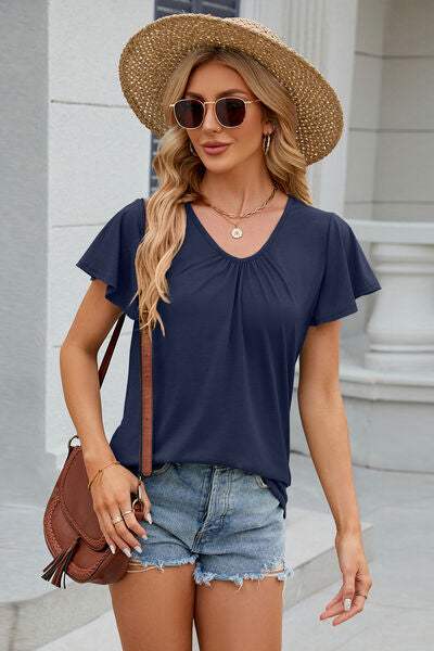 V-Neck Flutter Sleeve T-Shirt - Trendsi - Flyclothing LLC
