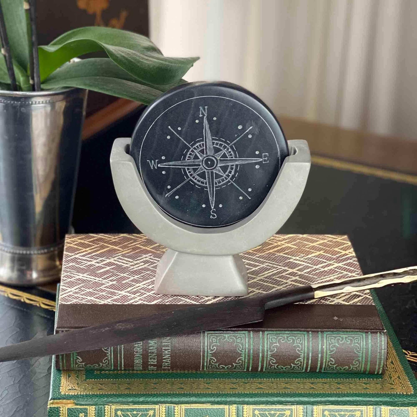 Compass Soapstone Sculpture, Dark Gray Stone - SMOLArt - Flyclothing LLC