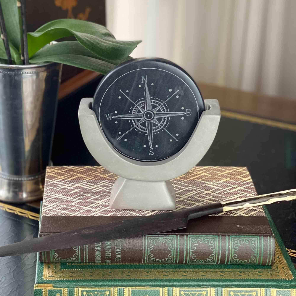 Compass Soapstone Sculpture, Dark Gray Stone - SMOLArt - Flyclothing LLC