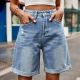Distressed Buttoned Denim Shorts with Pockets - Trendsi
