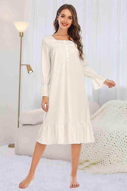 Flounce Sleeve Ruffle Hem Night Dress - Trendsi - Flyclothing LLC