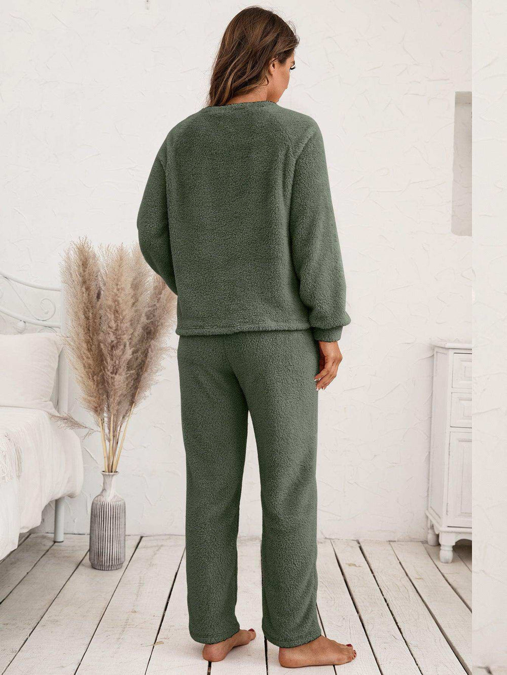Teddy Long Sleeve Top and Pants Lounge Set - Trendsi - Flyclothing LLC