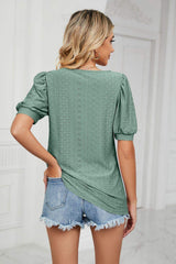 Eyelet Puff Sleeve Round Neck Top - Trendsi - Flyclothing LLC