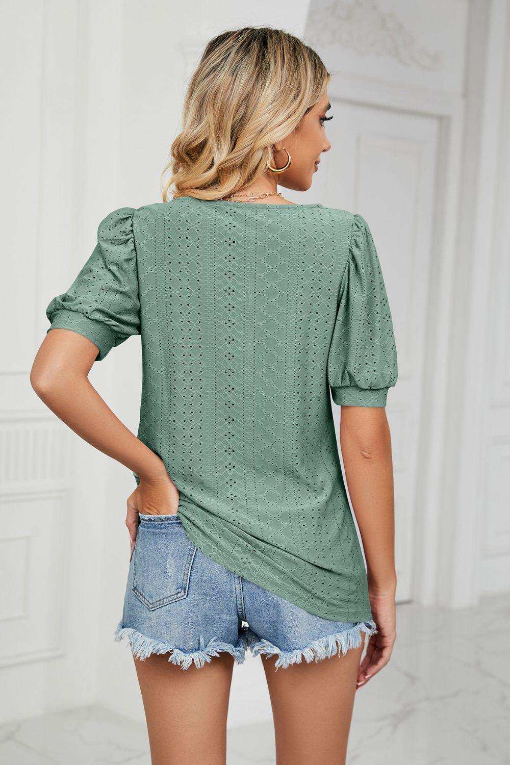 Eyelet Puff Sleeve Round Neck Top - Trendsi - Flyclothing LLC