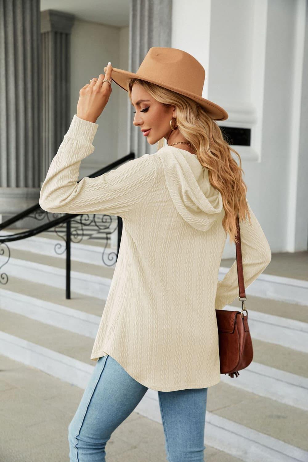 Long Sleeve Hooded Blouse - Trendsi