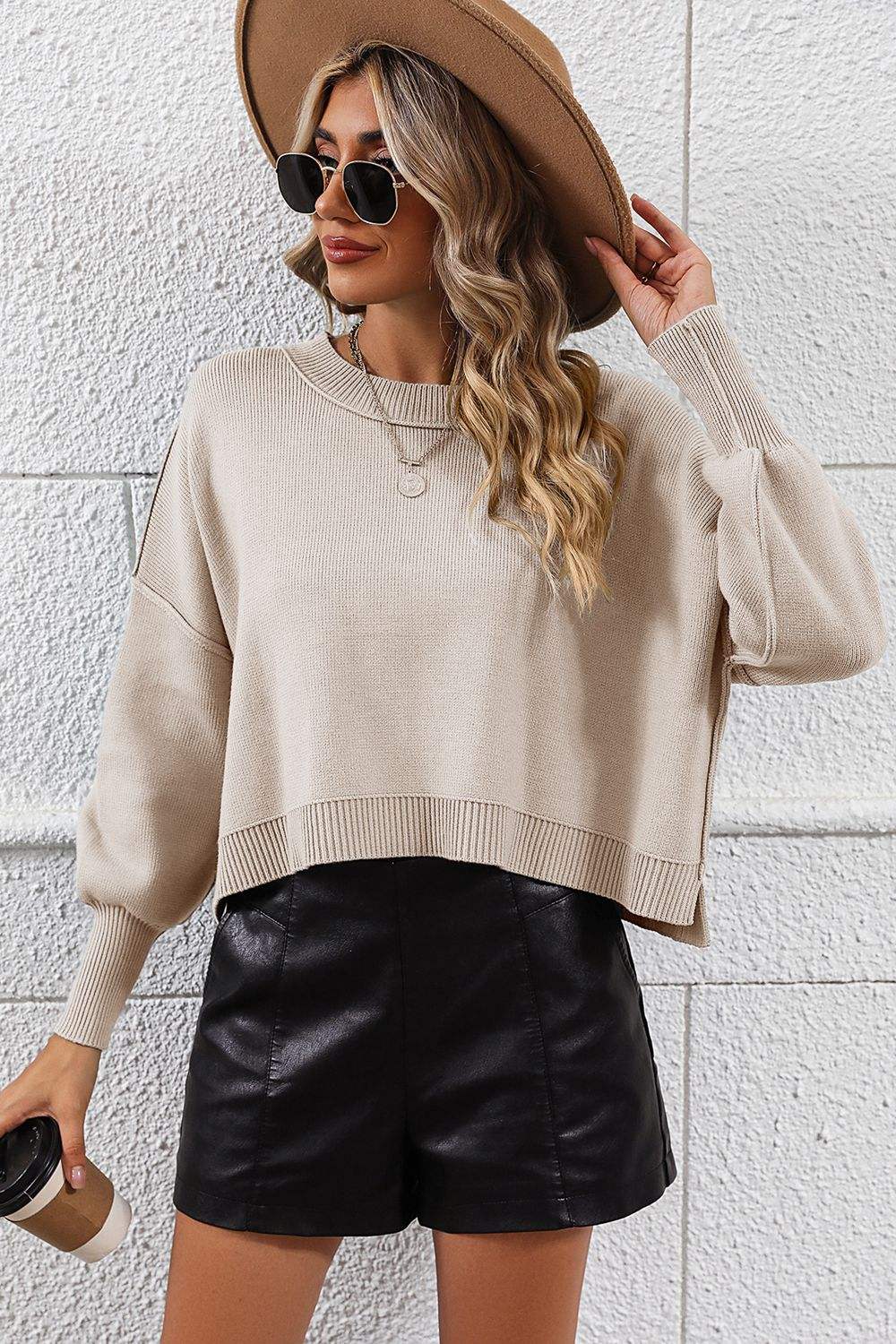 Round Neck Dropped Shoulder Pullover Sweater - Trendsi - Flyclothing LLC