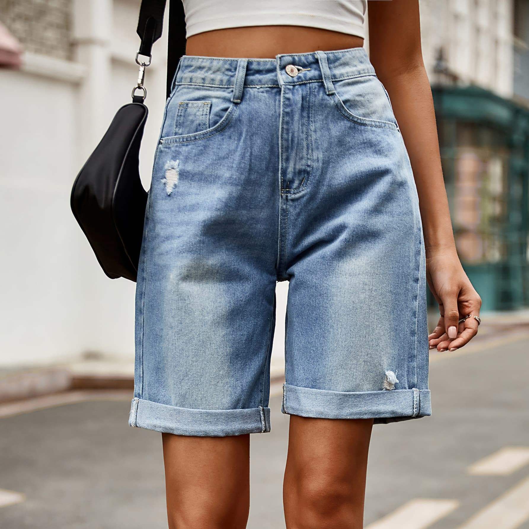 Distressed Buttoned Denim Shorts with Pockets - Trendsi - Flyclothing LLC