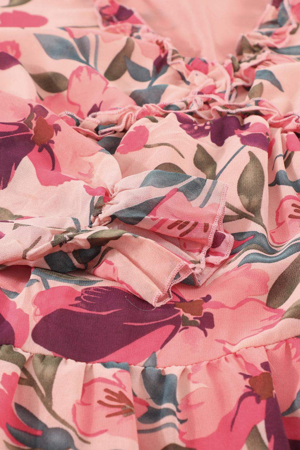 Floral Frill Trim Flounce Sleeve Plunge Maxi Dress - Trendsi - Flyclothing LLC