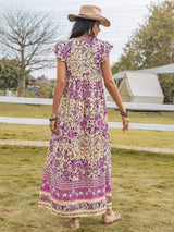 Ruffled Printed Tie Neck Cap Sleeve Dress - Trendsi - Flyclothing LLC