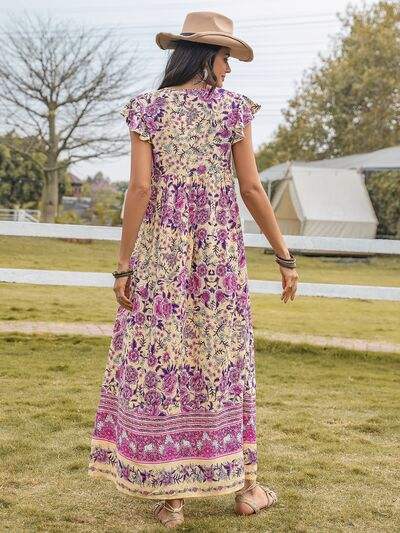 Ruffled Printed Tie Neck Cap Sleeve Dress - Trendsi - Flyclothing LLC