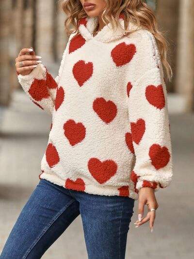 Fuzzy Heart Pocketed Dropped Shoulder Hoodie - Trendsi - Flyclothing LLC