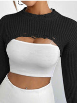 Distressed Long Sleeve Cropped Sweater - Trendsi - Flyclothing LLC