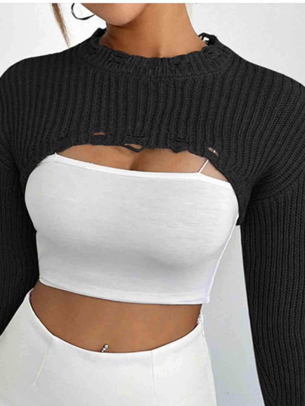 Distressed Long Sleeve Cropped Sweater - Trendsi - Flyclothing LLC