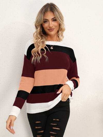 Striped Round Neck Dropped Shoulder Sweater - Trendsi - Flyclothing LLC