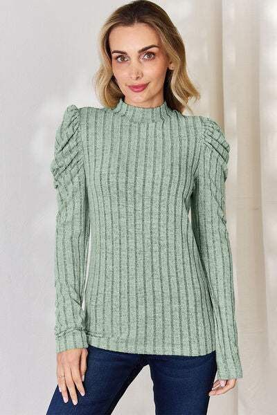 Basic Bae Full Size Ribbed Mock Neck Puff Sleeve T-Shirt - Trendsi - Flyclothing LLC