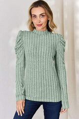 Basic Bae Full Size Ribbed Mock Neck Puff Sleeve T-Shirt - Trendsi - Flyclothing LLC