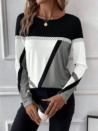 Contrast Round Neck Long Sleeve T-Shirt - Trendsi - Flyclothing LLC