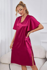 Satin Flutter Sleeve Side Slit V-Neck Night Dress - Trendsi