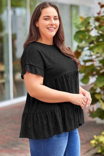 Plus Size Eyelet Round Neck Short Sleeve Blouse - Trendsi - Flyclothing LLC
