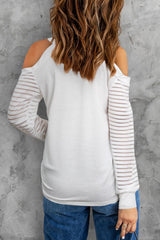 Cold-Shoulder Sheer Striped Sleeve Top - Trendsi